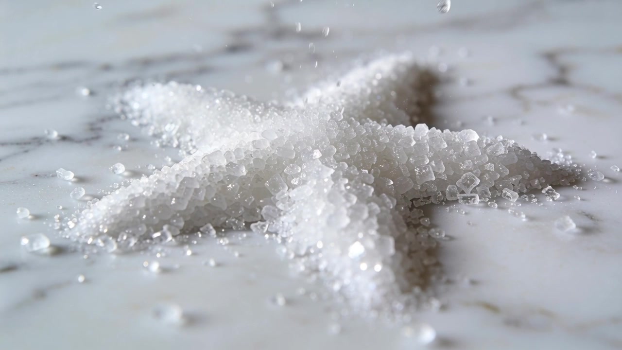 Cristalli che cadono si depositano su un mucchio di grani a forma di stella su una superficie di marmo bianco, formando creste.