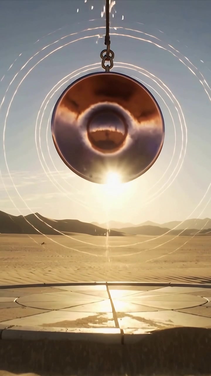 Vertical video: Droplets falling making light rings around hung copper bowl, sun aligning on playa