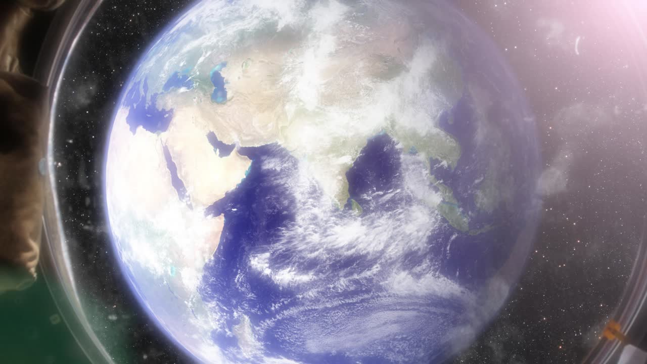 Breathtaking animation of Earth from the International Space Station. The camera floats backwards from space to the interior of the satellite. Clip contains, planet Earth, stars, space, satellite.
