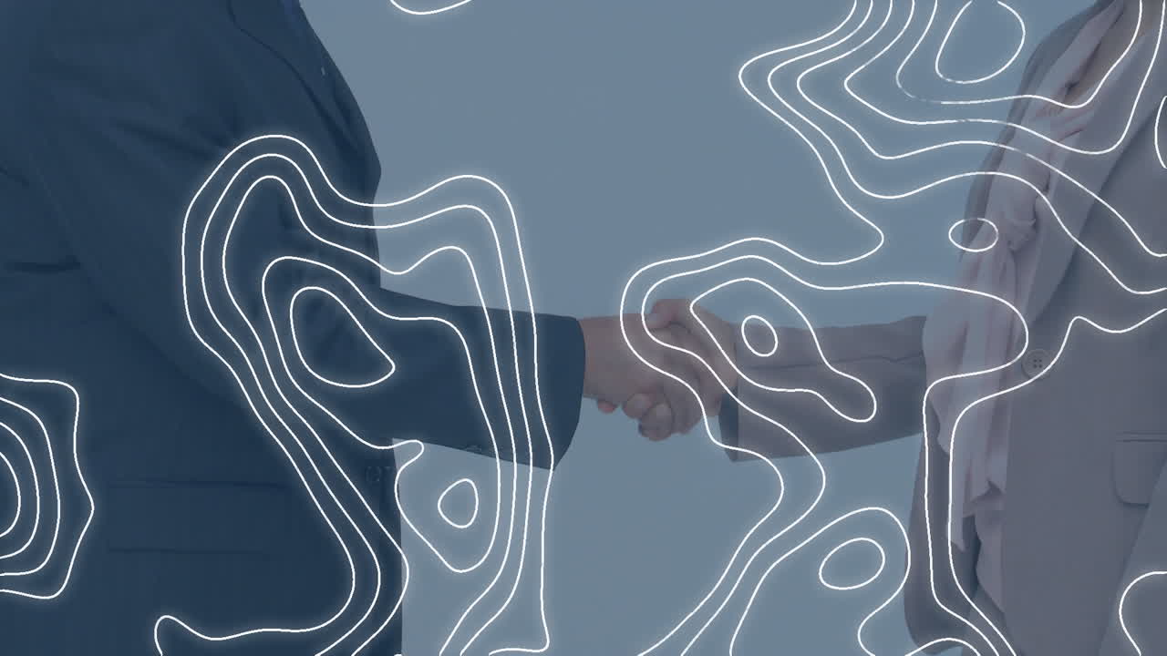 Animation of white map lines moving over businessman handshake