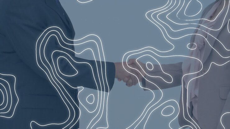 Animation of white map lines moving over businessman handshake