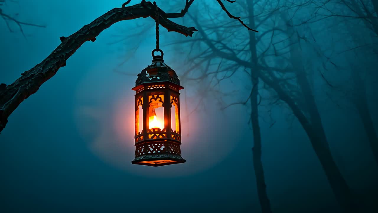 Swaying lantern on chain by breeze casting glow in misty forest candle flickering showing trunks