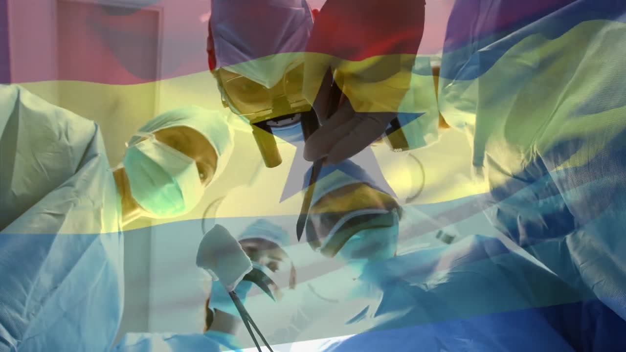 가나  ⁇ 발이 얼굴 마스크를 쓴 외과 의사들 위에서 흔들리는 애니메이션