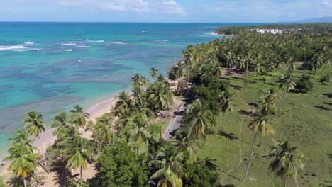 coastal panoramic road along playa el portillo beach, tropical and exotic landscape, las terrenas in dominican republic. aerial forward