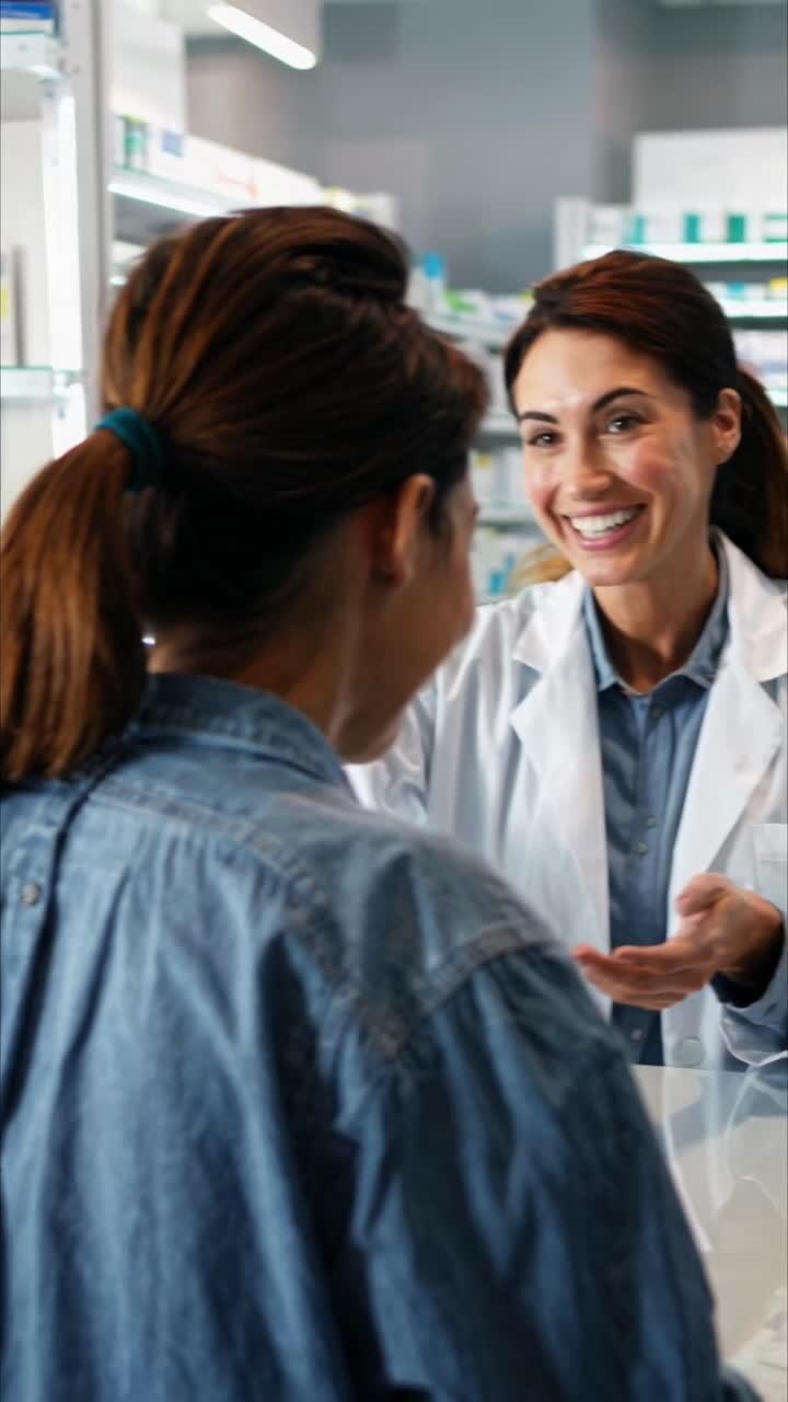 Over-the-shoulder video shot of a pharmacist assisting a customer in a pharmacy