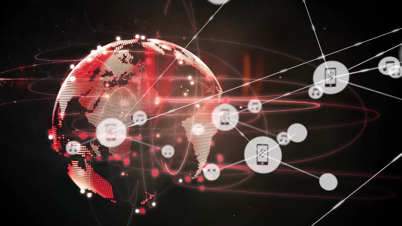 Animation of network of digital icons and red light trails over spinning globe on black background