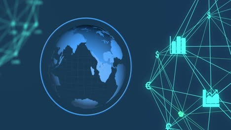 animation of globes of financial icons over spinning globe against blue background