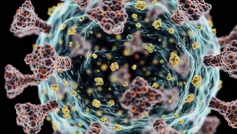 a detailed visual representation of a virus at the microscopic level, showcasing its structure and composition in two different frames