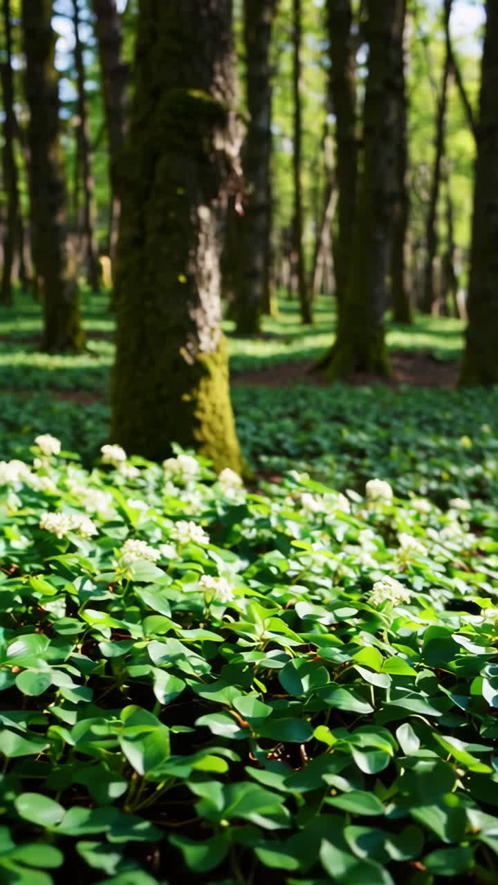 Lush Forest Floor with White Flowers and Green Foliage
