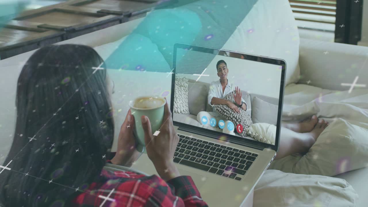 Animation of data processing over biracial businesswoman having video call