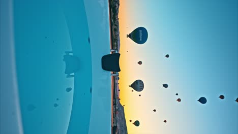 bañera de hidromasaje en un techo con globos de aire caliente en el fondo al amanecer en capadocia