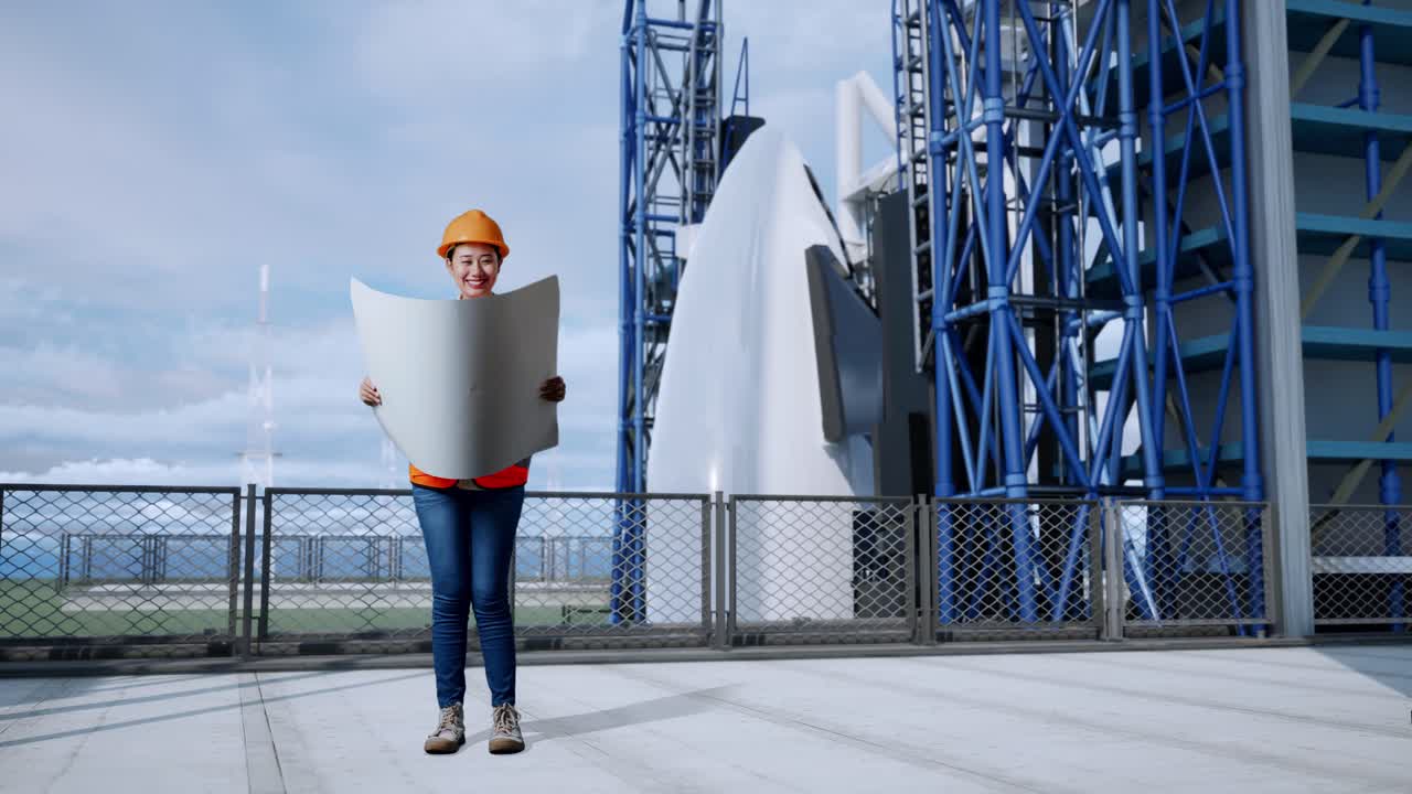 ingeniero revisando los planes para la plataforma de lanzamiento de cohetes