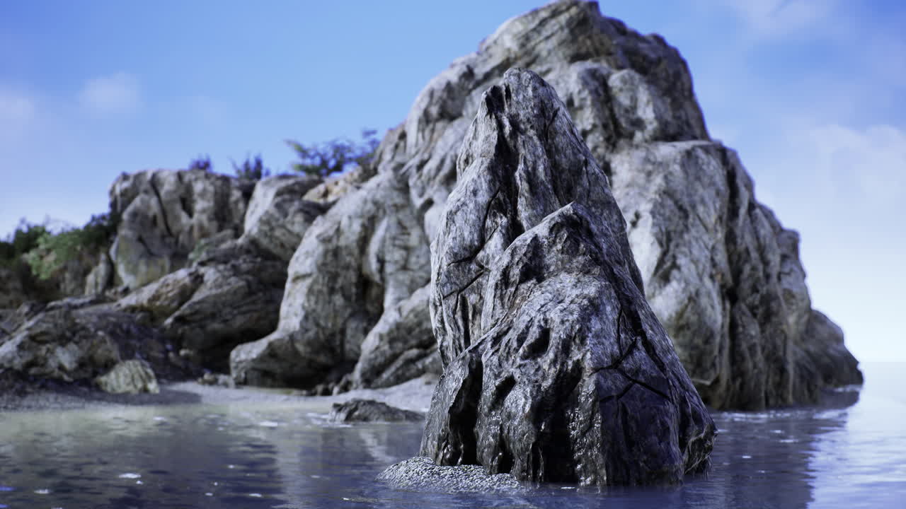 Rocky coastal formation surrounded by serene water and vibrant sky