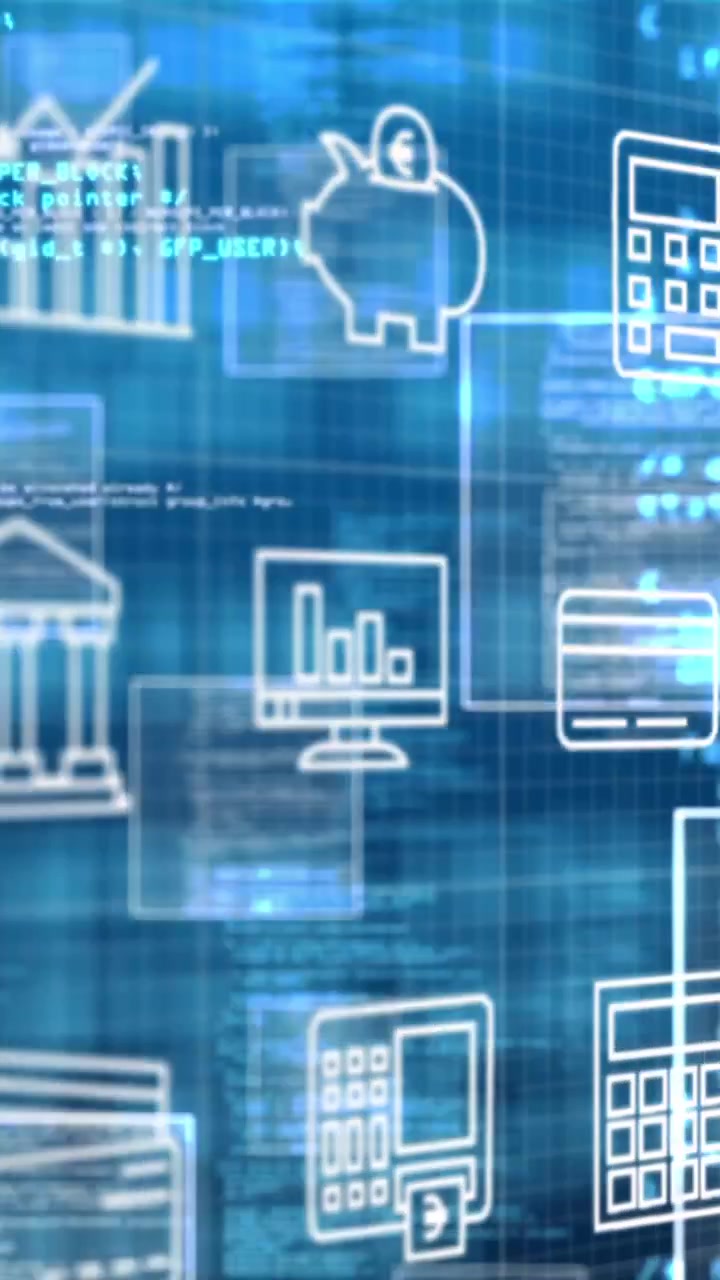 Animation of data processing and icons on blue background