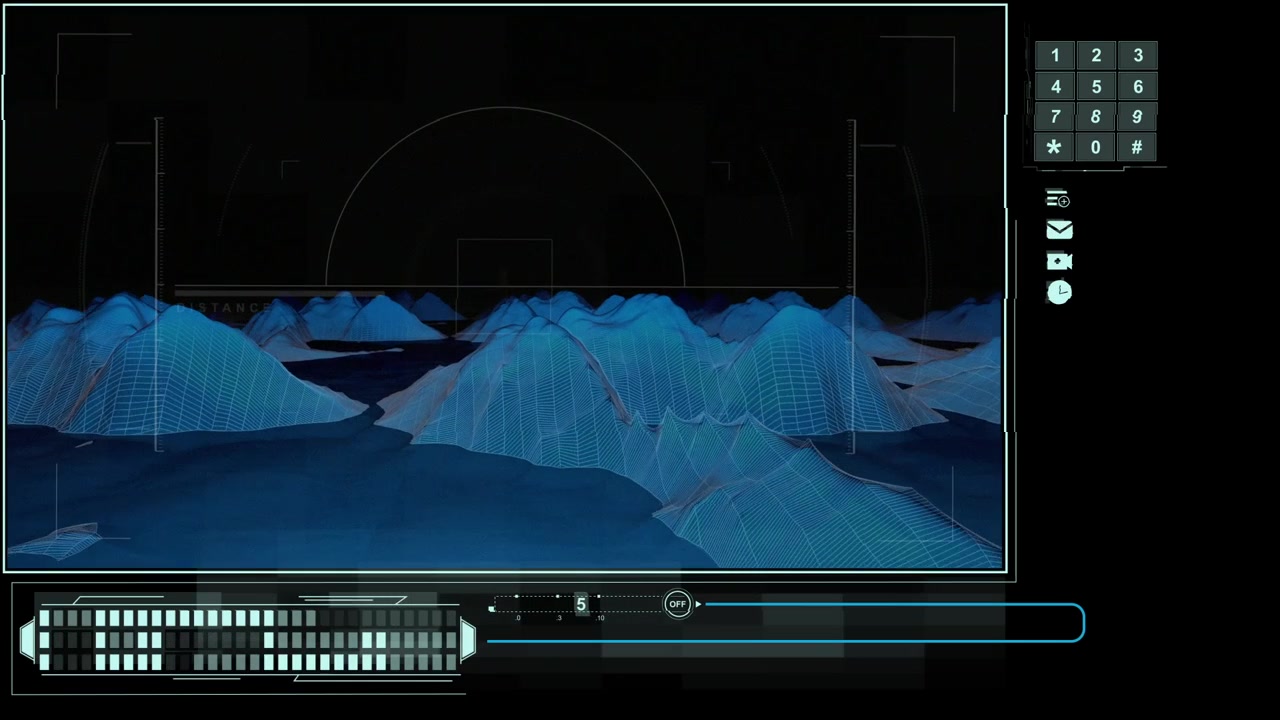 Futuristic HUD Display with Wireframe 3D Mountain Landscape