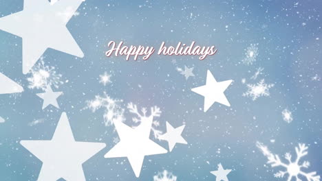 Animation-of-happy-holidays-text-over-christmas-stars-falling-on-blue-background