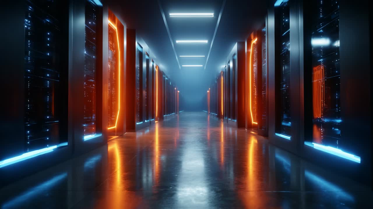 A futuristic corridor filled with illuminated server racks, showcasing vibrant blue and orange lights reflecting off a sleek floor, highlighting the technological atmosphere of a modern data center