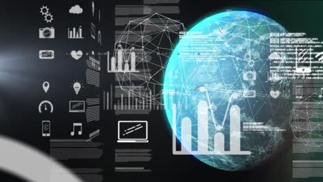 Animation-of-graphs,-data,-connections-and-globe-on-black-background