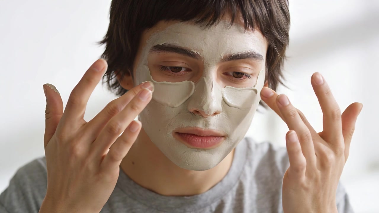 Lifting hands, woman in gray tee smoothing green mask with fingertips in bright room, evening edges