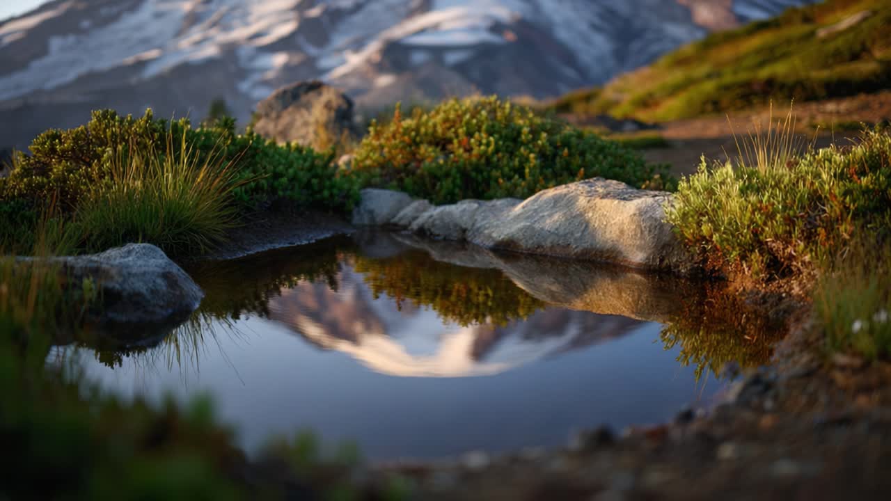 Tranquil Reflection: Capturing Nature's Serenity with a Mountain View in a Still Pond Surrounded by Lush Vegetation and Rocky Terrain at Dawn
