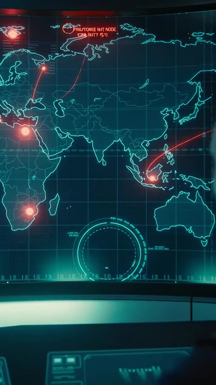 Person Monitoring Digital World Map with Glowing Data in a Control Room