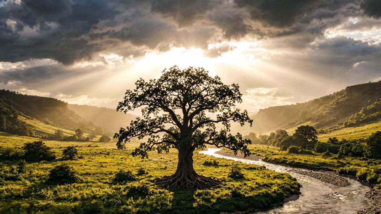 Carvalho Majestoso Erguendo-se Orgulhosamente em Meio a um Vale Exuberante, Iluminado pela Luz Dramática do Sol Rompendo as Nuvens ao Crepúsculo