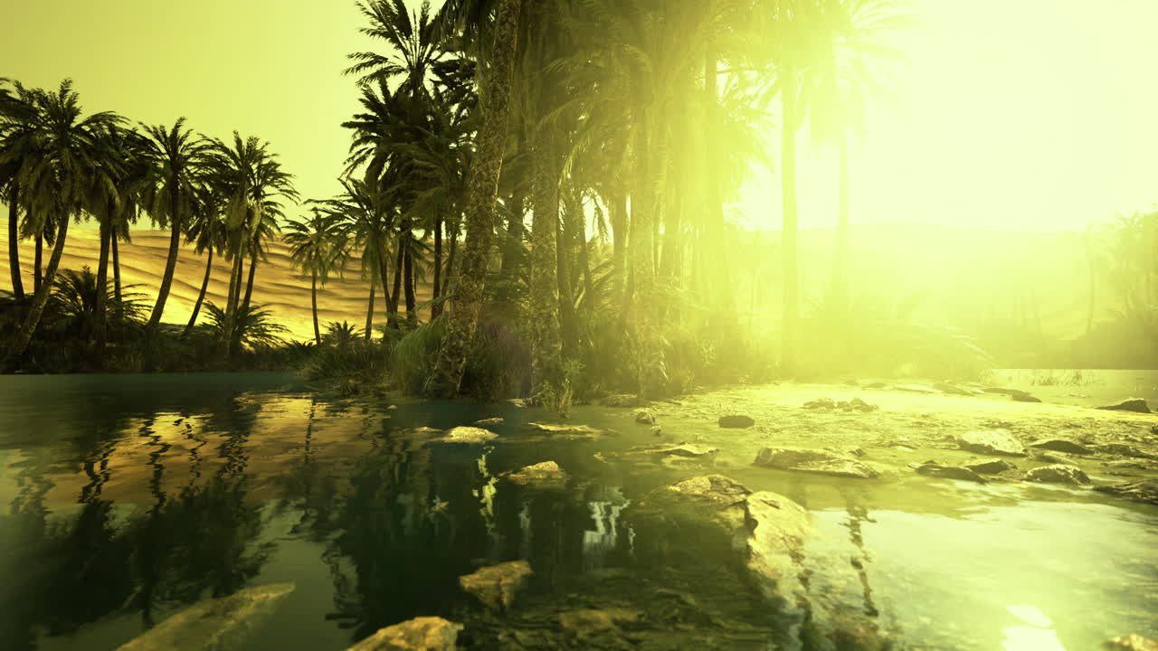Golden rays illuminate a tranquil oasis surrounded by lush palms at dusk