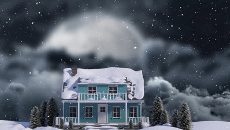 Animation-of-snow-falling-in-night-winter-landscape-with-house