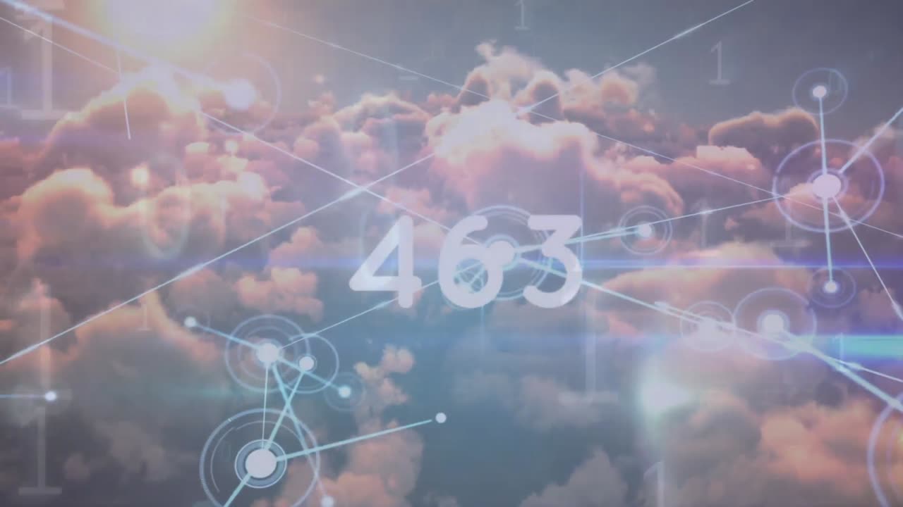 변화하는 숫자와 점들이 구름 풍경에 대한 선으로 상호 연결되는 애니메이션