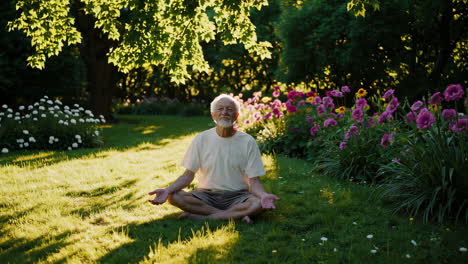 senior man meditating in a garden