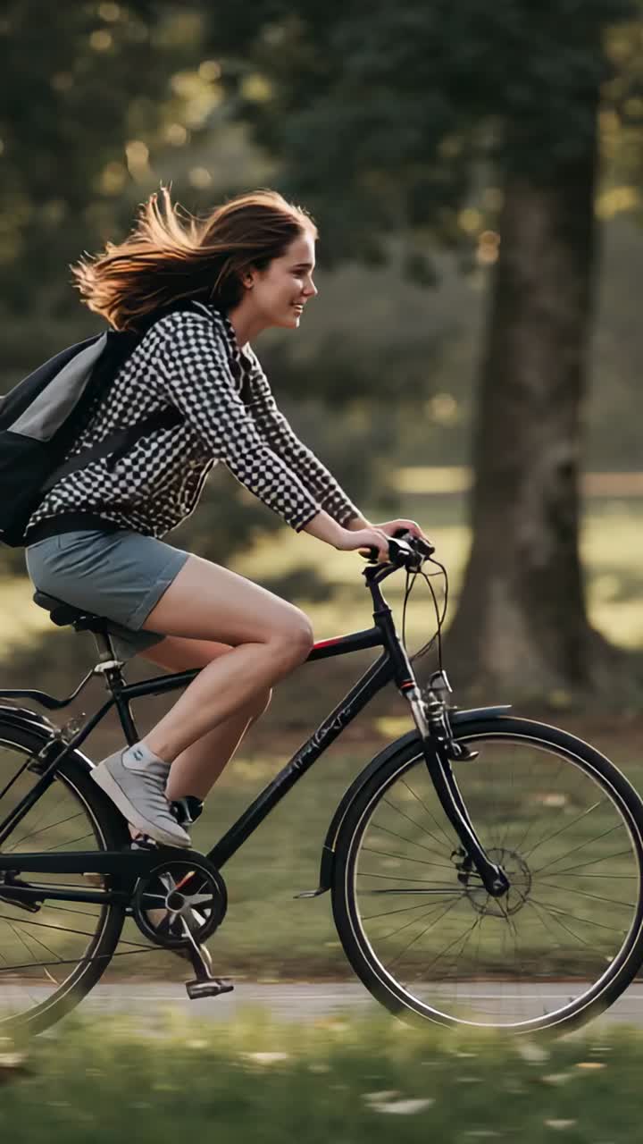 Vertical video: Pedaling woman on bike midpedal, riding park path with backpack and shirt to work
