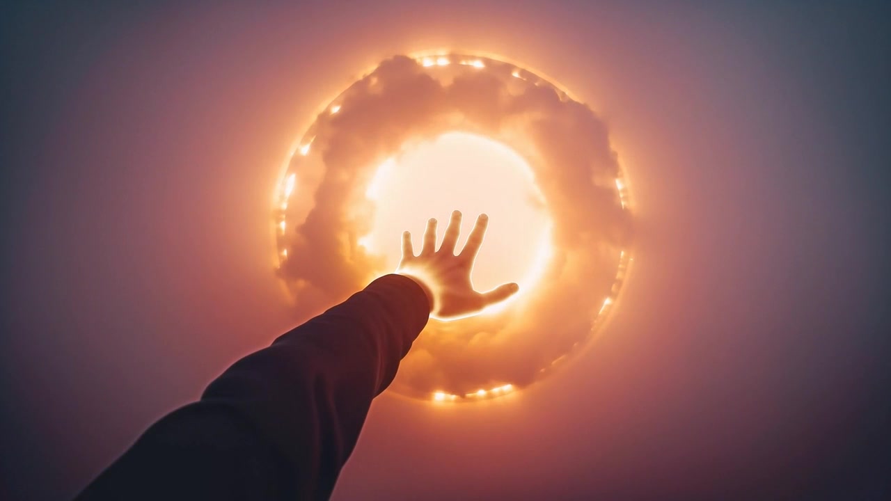 Extiendo la mano hacia un portal brillante que se ilumina en la niebla, con un halo de manga oscura.