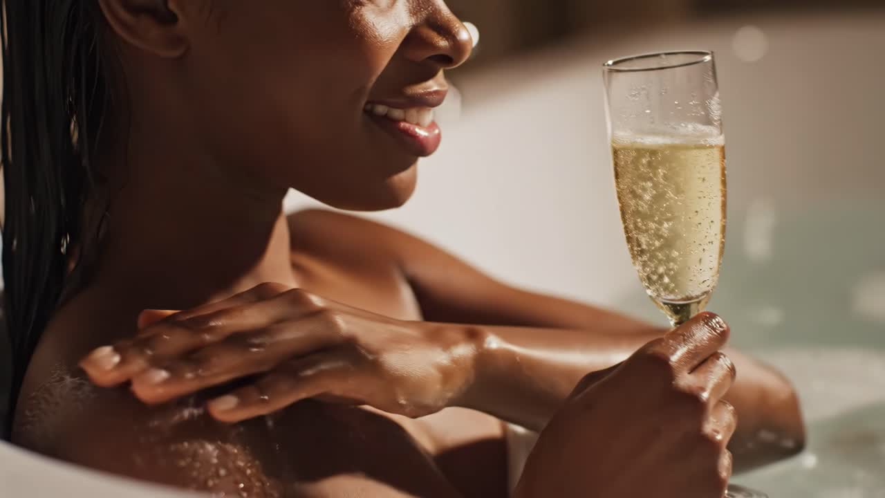 Donna che si rilassa nella vasca da bagno con champagne