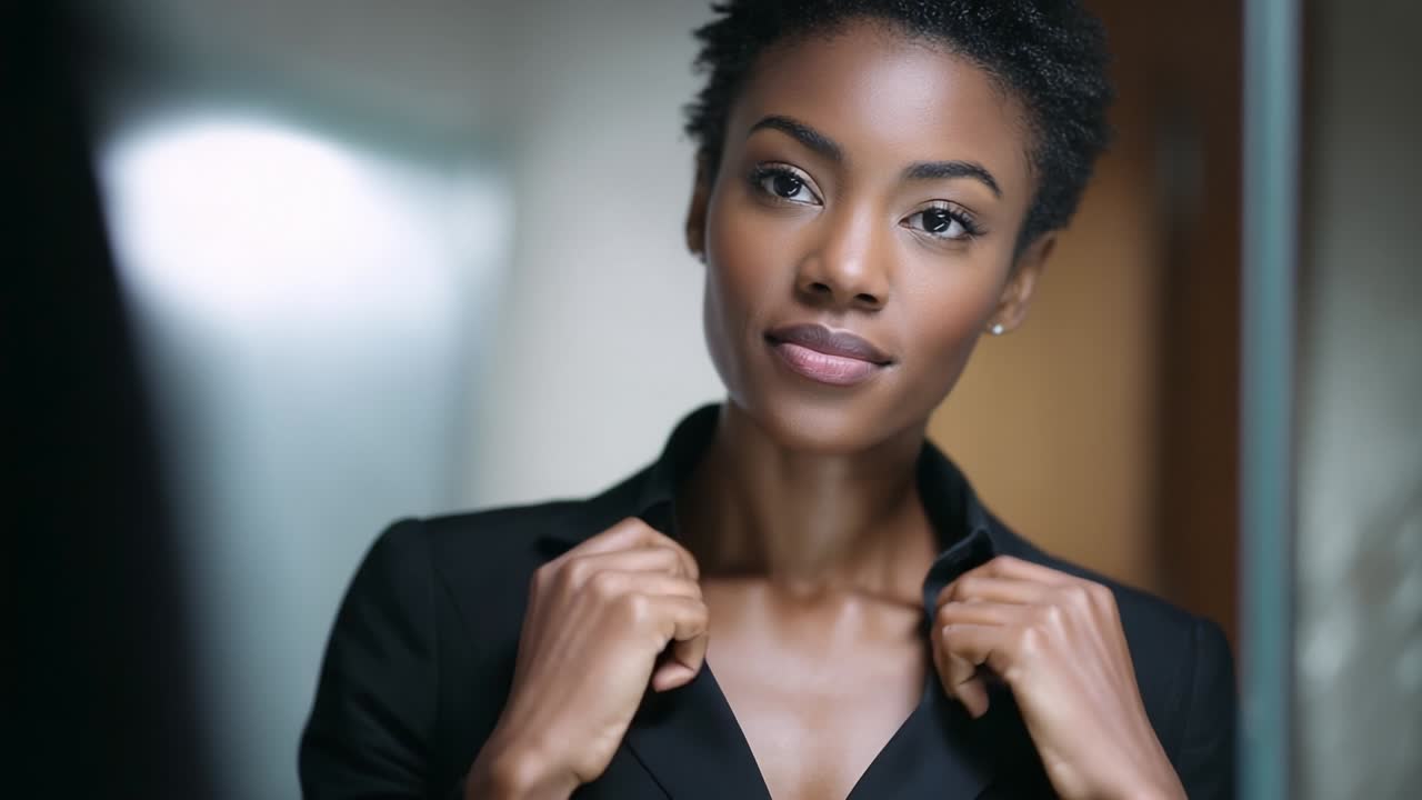 A Confident Woman Adjusts Her Outfit in the Mirror, Exuding Elegance and Poise, Showcasing the Power of Self-Reflection and Personal Grooming for Professional Success