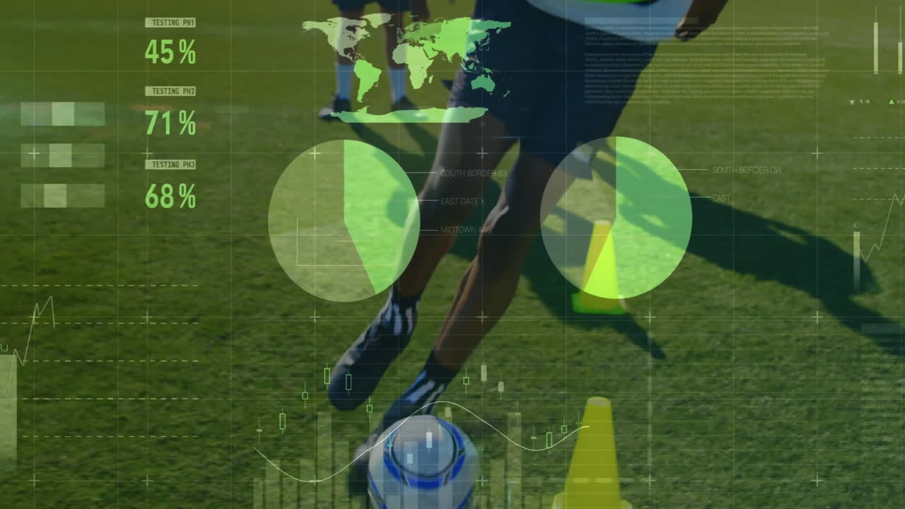 Animation of data processing over diverse soccer players exercising at stadium
