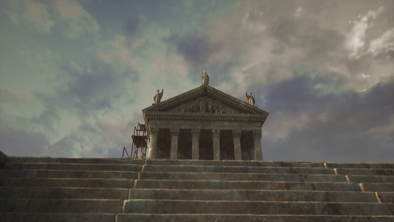 Historic temple with grand steps and statues against a cloudy sky