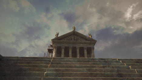 historic temple with grand steps and statues against a cloudy sky