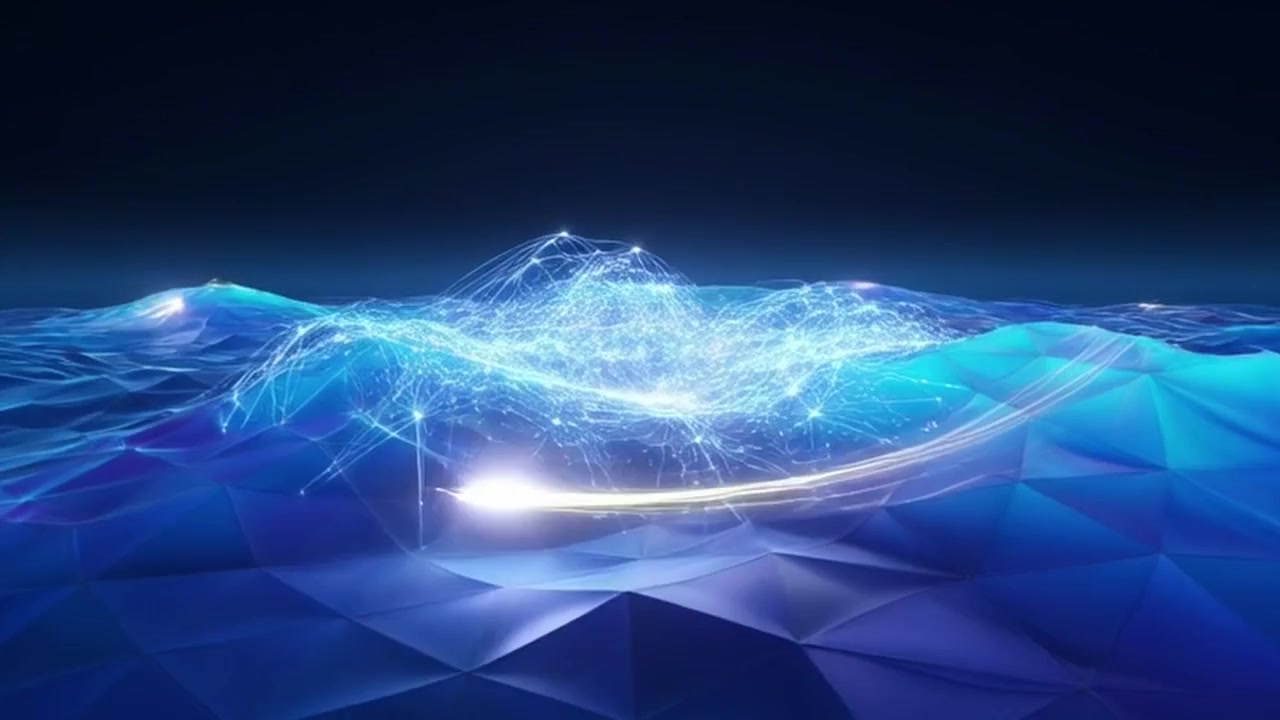 Abstract Digital Network Flowing Over Geometric Blue Terrain