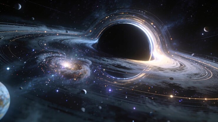 Pulling camera inward, black hole and disk rotating, planet lower-left emphasizing inner rim