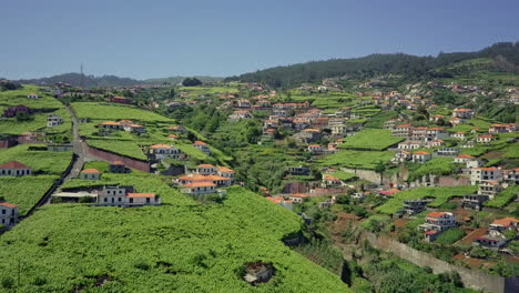 Aerial-moving-through-lush-mountain-community-terraced-in-hillside-on-Madeira