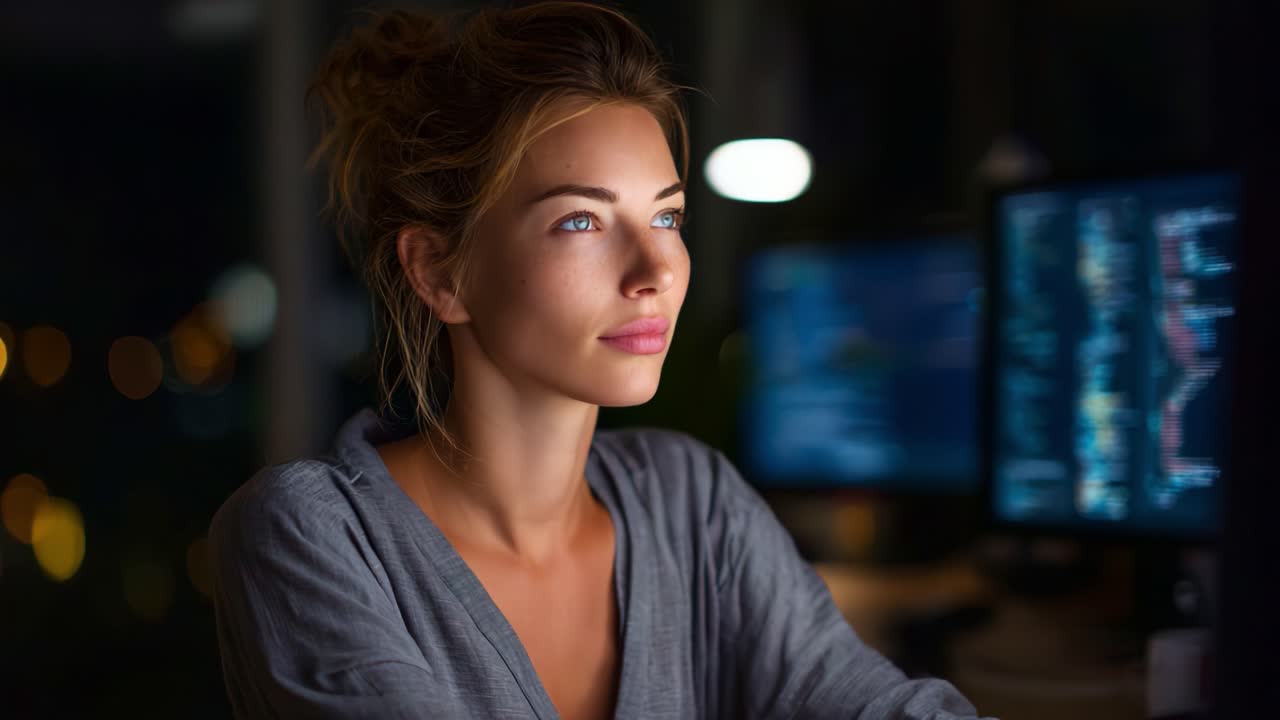 Una giovane donna concentrata riflette profondamente mentre lavora fino a tardi in un ambiente accogliente, circondata da schermi luminosi di computer, incarnando concentrazione e ispirazione
