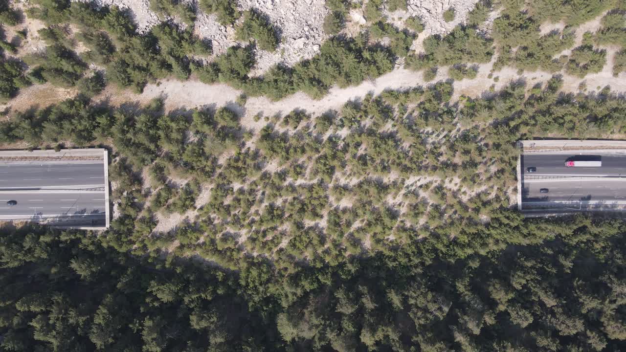 Vista drone della strada interurbana e del tunnel che attraversano le montagne, trasporto nelle aree montuose.