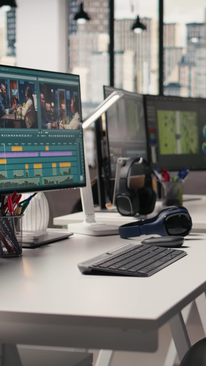 Vertical Video Film Industry Production, High-Tech Empty Studio, Editing Workstation