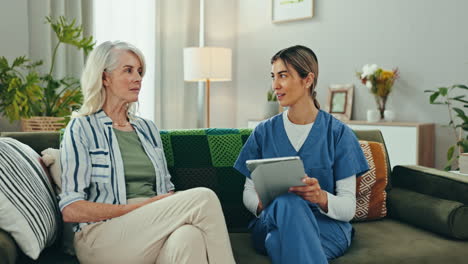 senior, woman and nurse with tablet