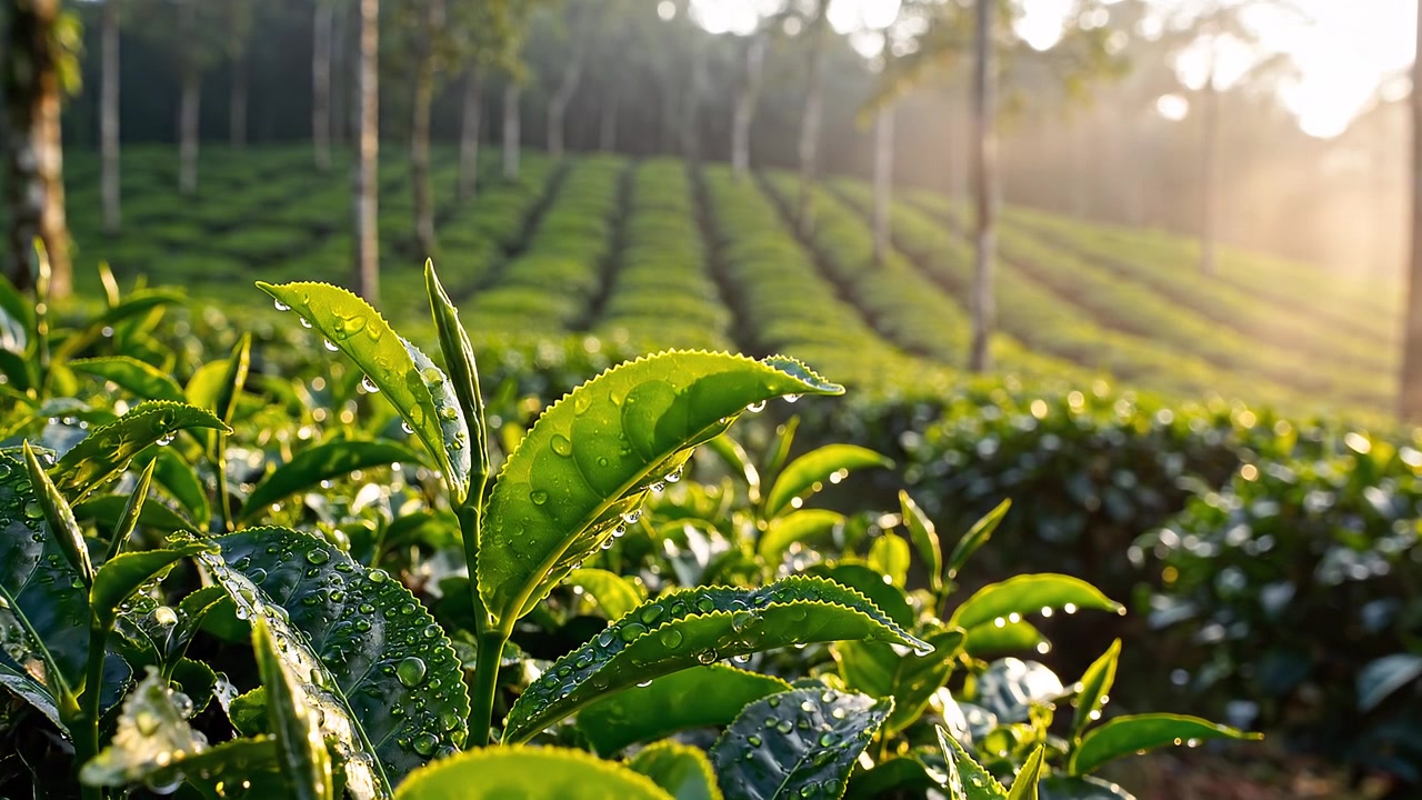 Fresh morning dew on green tea leaves in a plantation