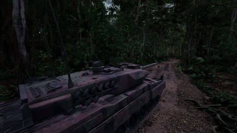 militarized tank navigating through dense jungle terrain during twilight hours