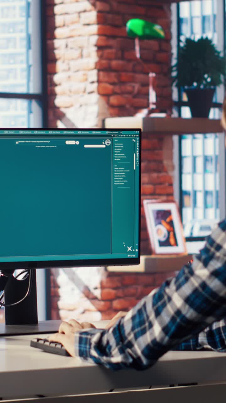 Vertical video Man using computer to make use of text to video AI program