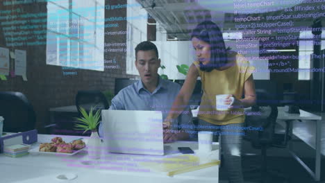 Animation-of-computer-language-over-diverse-coworkers-with-coffee-cup-discussing-reports-on-laptop