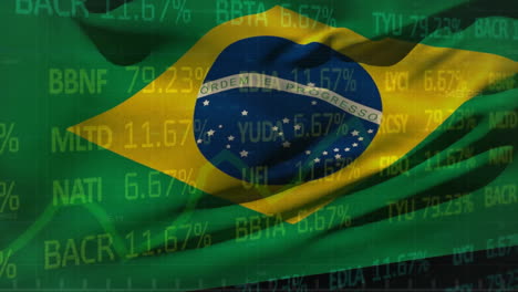 animation of graph and financial data processing over flag of brazil