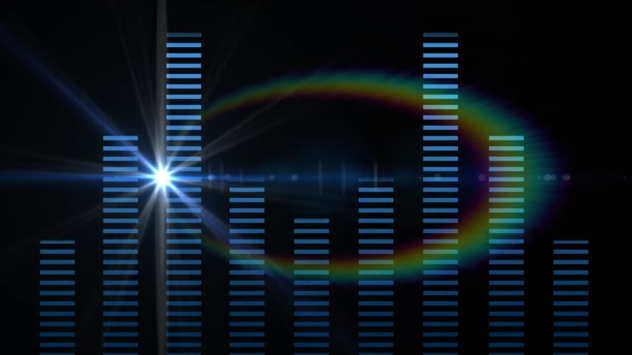 검은 바탕에 사운드 이 ⁇ 라이저의 움직이는 파란색 그래픽 바의 애니메이션